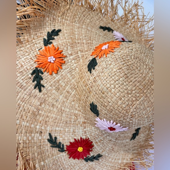 Charlotte Sunhat Colorful Embroidered Floral 100% Raffia Wide Brim with… - Picture 10 of 11